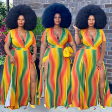 SC Tie Dye Print Plus Size Slit Maxi Dress WAF-77583