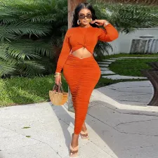 SC Fashion Solid Long Sleeve Ruched Maxi Dress GFDY-1050