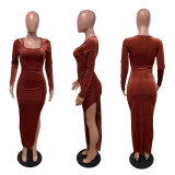 SC Long Sleeve Square Neck Split Dress GFDY-1065
