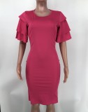 SC Solid Color Short Sleeve Slim Midi Dress XMY-9423
