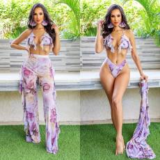 SC Sexy Floral Print Bkinis And Wide Leg Pants 3 Piece Set XMY-9413