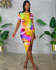 SC Tie Dye Print Irregular Pleated Dress BYMF-60873