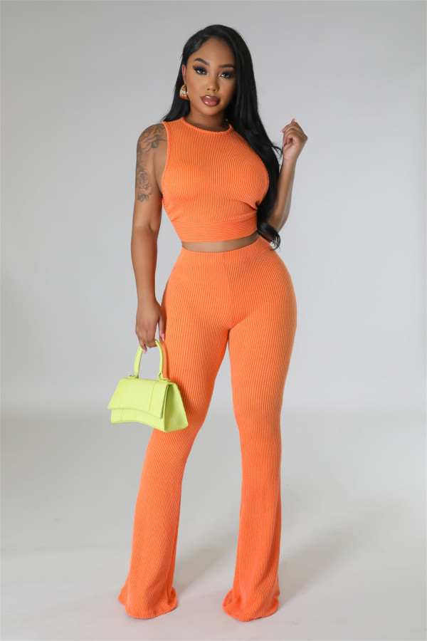 SC Solid Sleeveless Tops And Micro Flare Pant Two Piece Set FENF-276