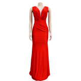 SC Solid Color V Neck Pleated Maxi Dress BY-6357