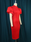 SC Plus Size Stand Collar Flare Sleeve Dress GKEN-221202