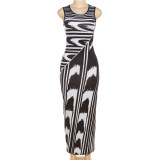 SC Fashion Wave Print Round Neck Pullover Slim Fit Maxi Dress DLSF-K22D25485