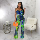 SC Sexy Print Sling Backless Flare Jumpsuit With Belt YF-10516