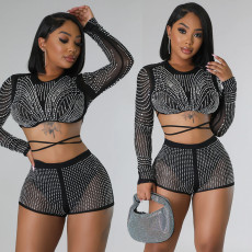 SC Solid Hot Drilling Long Sleeve Two Piece Shorts Set BY-6367