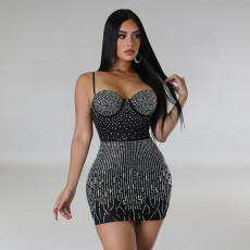 SC Mesh Hot Drill Sleeveless Mini Dress BY-6368