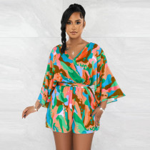 SC Fashion Print Long Sleeve Backless Romper With Belt YF-10517