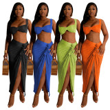 SC Solid Color Sling Tops And Pleated Slit Skirt 2 Piece Set YF-10503