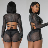 SC Solid Hot Drilling Long Sleeve Two Piece Shorts Set BY-6367