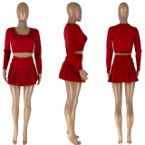 SC Solid Long Sleeve Tops And Pleated Skirt 2 Piece Set NYMF-5036
