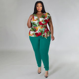 SC Plus Size Casual Print V Neck Tops And Pants Two Piece Set NNWF-7849