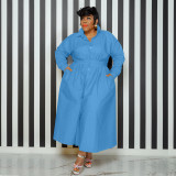 SC Plus Size Solid Lapel Single Breasted Long Sleeve Shirt Dress SSNF-211283