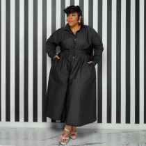 SC Plus Size Solid Lapel Single Breasted Long Sleeve Shirt Dress SSNF-211283