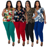 SC Plus Size Casual Print V Neck Tops And Pants Two Piece Set NNWF-7849