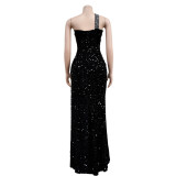 SC Solid Hot Drill Sequin Slit Maxi Dress BY-6365