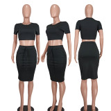 SC Fashion Solid Short Sleeve Skirts Two Piece Set YD-8745