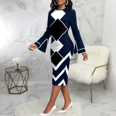 SC Color Block Print Long Sleeve Midi Dress SMR-11968