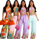 SC Print Sling Tops And Wide Leg Pants Two Piece Set SMR-11982