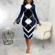 SC Color Block Print Long Sleeve Midi Dress SMR-11968