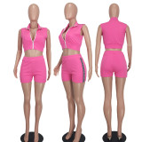SC Solid Zipper Crop Tops And Shorts Two Piece Set YD-8746