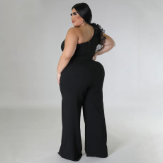 SC Plus Size Mesh Patchwork Single Shoulder Jumpsuit NNWF-7824