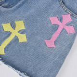 SC Embroidered Cross Denim Street Mini Skirt GBTF-8851