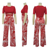 SC Solid Tie Up Tops And Print Wide Leg Pants Casual Suit YF-10523