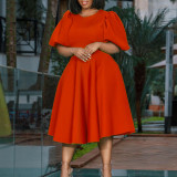 SC Plus Size Solid Round Neck Puff Sleeve Dress GATE-D330
