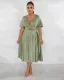 SC Solid V Neck Short Sleeve Pleated Midi Dress XMY-9422