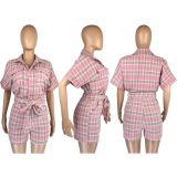 SC Fashion Plaid Shirts And Shorts Two Piece Set (With Waist Belt)LM-8363