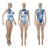 SC Print Sleeveless Bodysuit And Wide Leg Pants 2 Piece Set SHD-9615