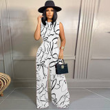 SC Print Sleeveless Bodysuit And Wide Leg Pants 2 Piece Set SHD-9615