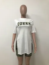 SC Letter Print Slim Slit Tops And Camo Shorts Two Piece Set LSD-1125