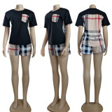 SC Plaid Patchwork Short Sleeve Two Piece Shorts Set CY-7158