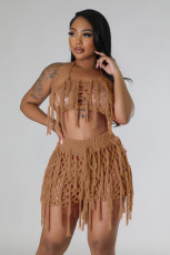 SC Sexy See Through Knits Tassel Beach Two Piece Short Set LA-3335