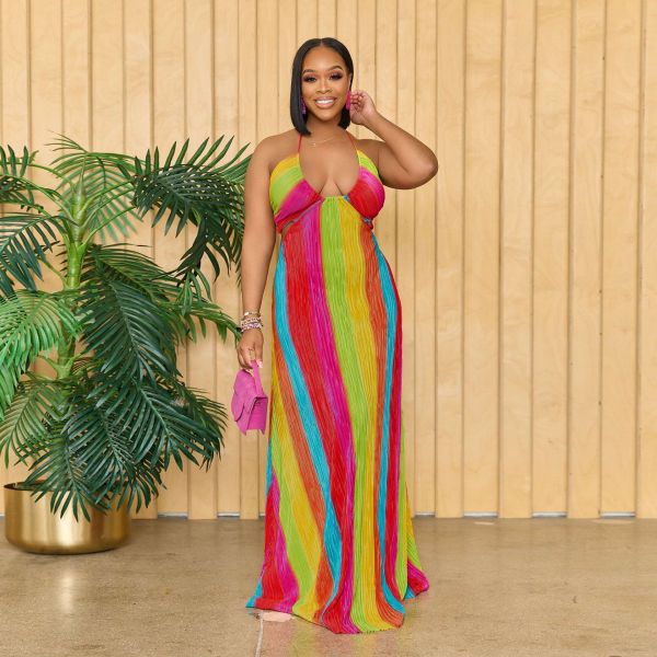 SC Plus Size Colorful Print Halter Tie Up Maxi Dress NY-2740