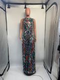 SC Plus Size Print Sleevelesss Maxi Dress(With Waist Belt) GDNY-2225