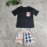 SC Plaid Patchwork Short Sleeve Two Piece Shorts Set CY-7158