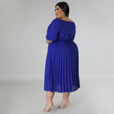 SC Plus Size Solid Lantern Sleeve Pleated Midi Dress NNWF-7873