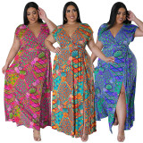 SC Plus Size Bohemian Print V-neck Big Swing Maxi Dress NNWF-7857