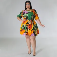 SC Plus Size Print Lantern Sleeve Midi Dress NNWF-7862