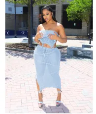 SC Solid Wrap Chest Tie Up Backless Top Knits Two Piece Skirts Set QXTF-8170