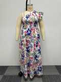 SC Plus Size Slash Shoulder Slit Print Dress NY-10508
