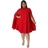 SC Plus Size Solid Color Loose Pleated Dress SLF-7078