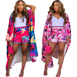 SC Print Long Sleeve Cardigan And Shorts Two Piece Set XMY-9433