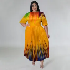 SC Plus Size Lantern Sleeve Print Pleated Maxi Dress NNWF-7881