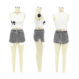 SC Casual Sleeve Print Tops And Stripe Shorts Two Piece Set DDF-88214